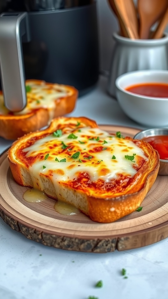 Crispy 5-cheese Texas toast with a golden crust and bubbling cheese, served with marinara sauce.